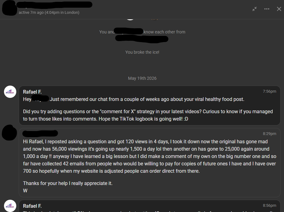 Screenshot of creator's thank-you message confirming the results